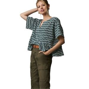 Anthropologie Green Cream Geometric Deep V Babydoll Ruffle Hem Top XS NWT